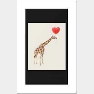 Cute giraffe with red heart ballon Posters and Art